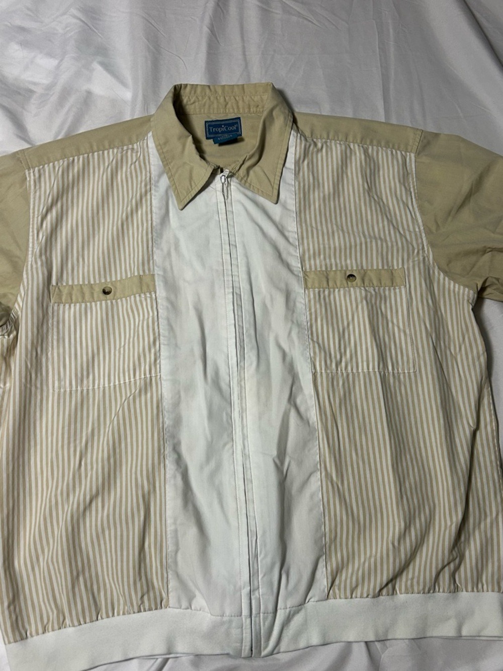 80s VTG Mens Zip Front Shirt Tan & White Striped Tropi-Cool Short Sleeve XL